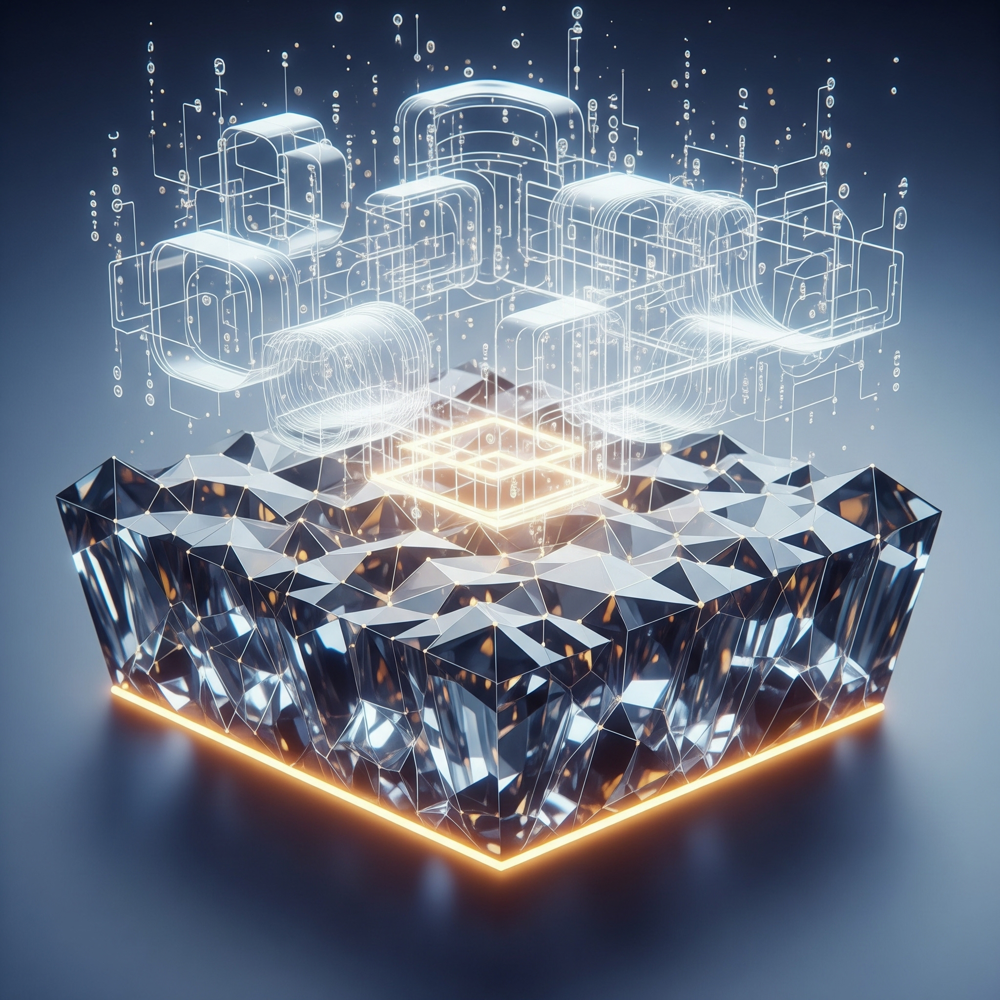 A solid, crystalline foundation representing Apache Iceberg, supporting a complex data architecture in the cloud.