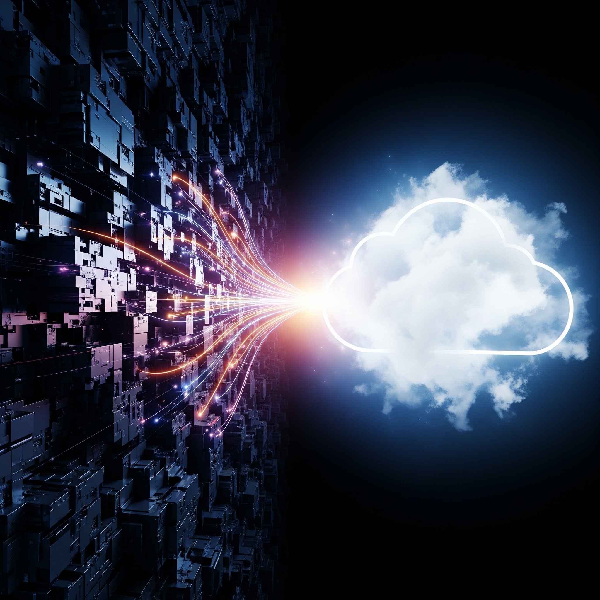 Data migrating from a legacy server to a modern cloud, symbolizing an SSIS to cloud data platform migration.