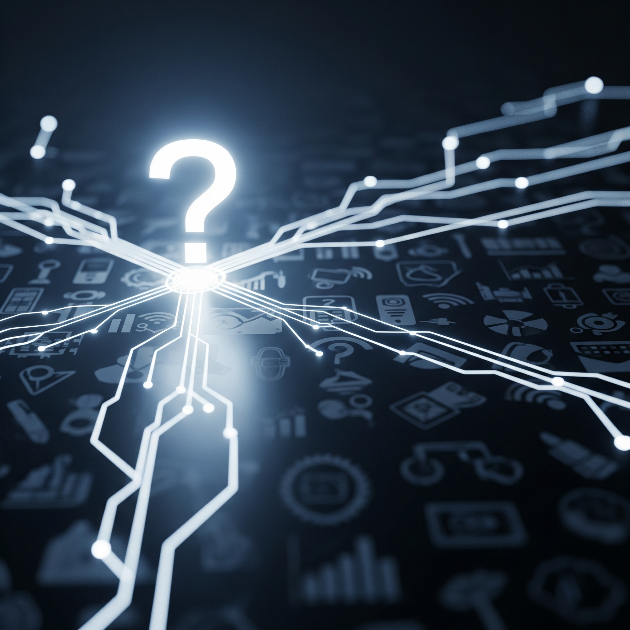 Abstract image of a glowing question mark, representing a data strategy that brings clarity to a complex network of technology.