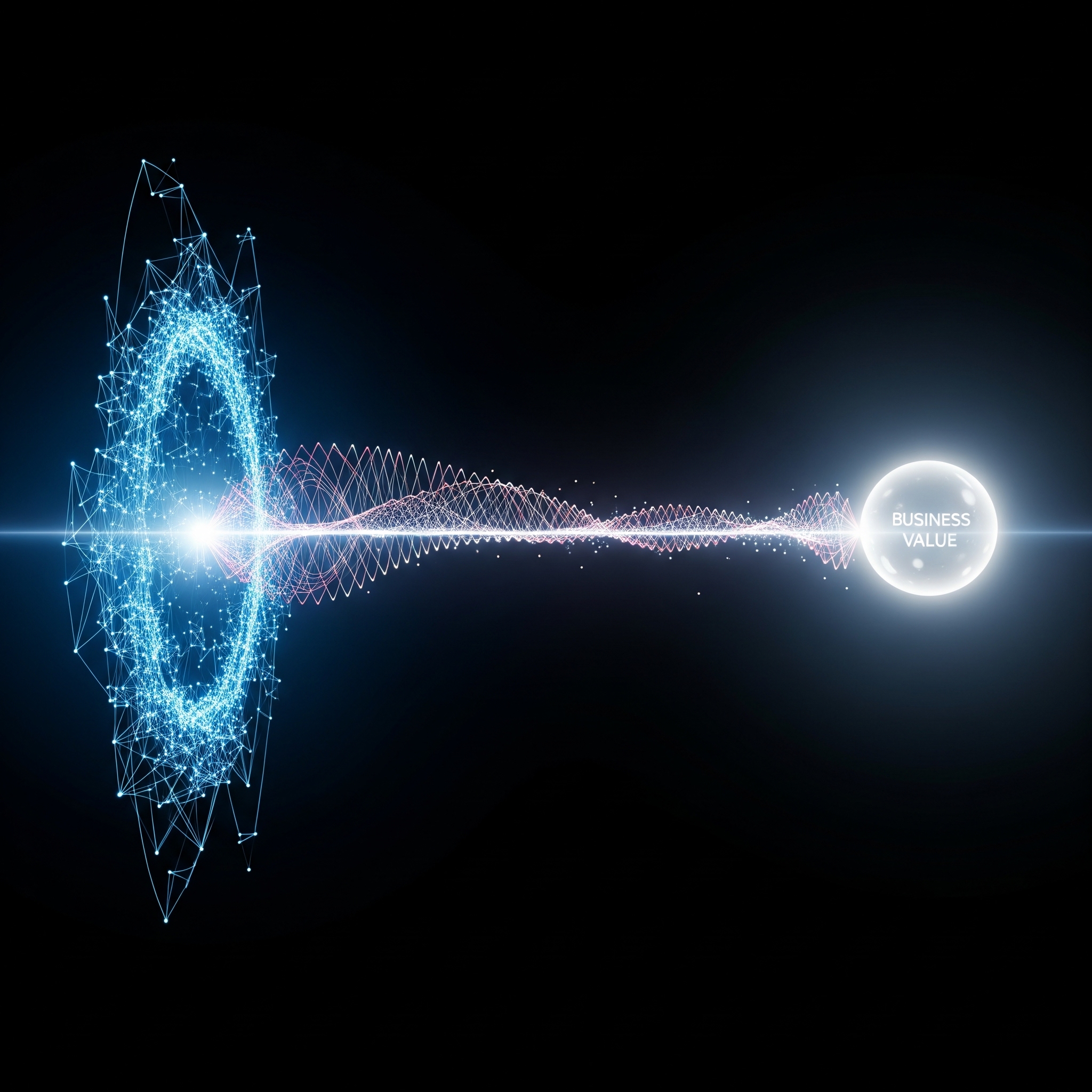 A luminous bridge connecting a complex data network to a single, clear point of value, representing last mile analytics.